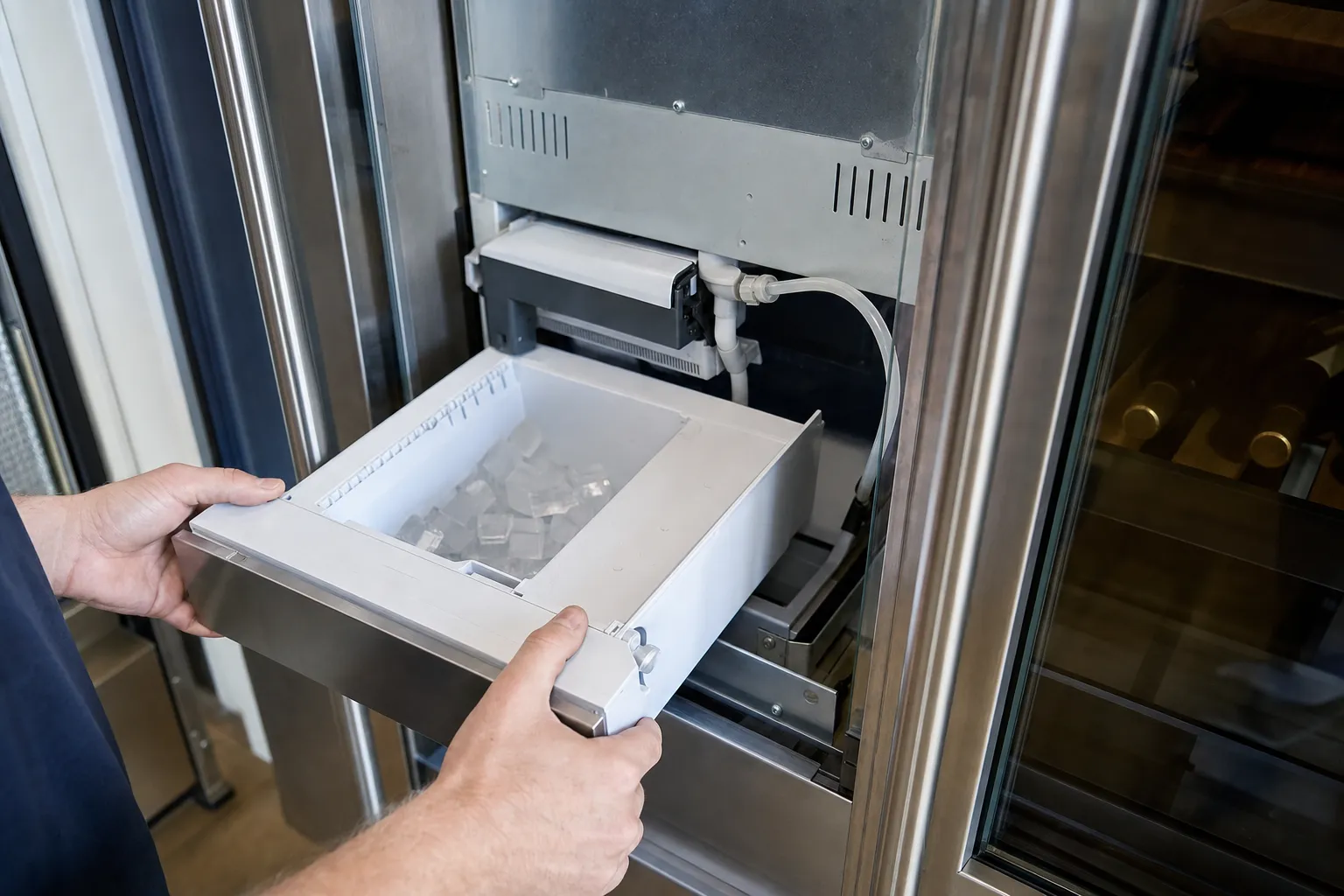 Hands drawing a half-full ice bin out from under the ice-maker head of a built-in stainless column