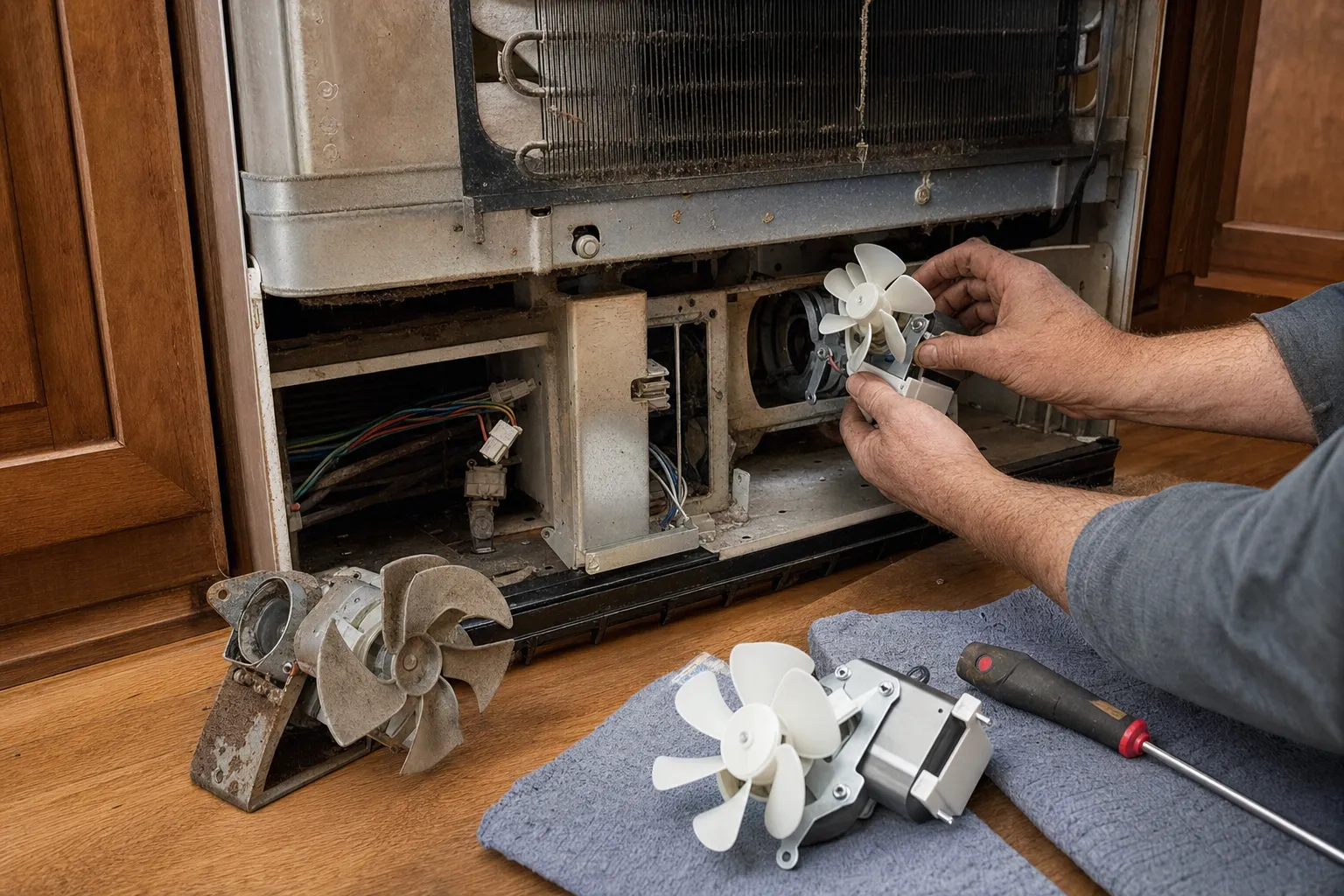 A replacement condenser fan motor held beside the old one at the open machine compartment of a refrigerator