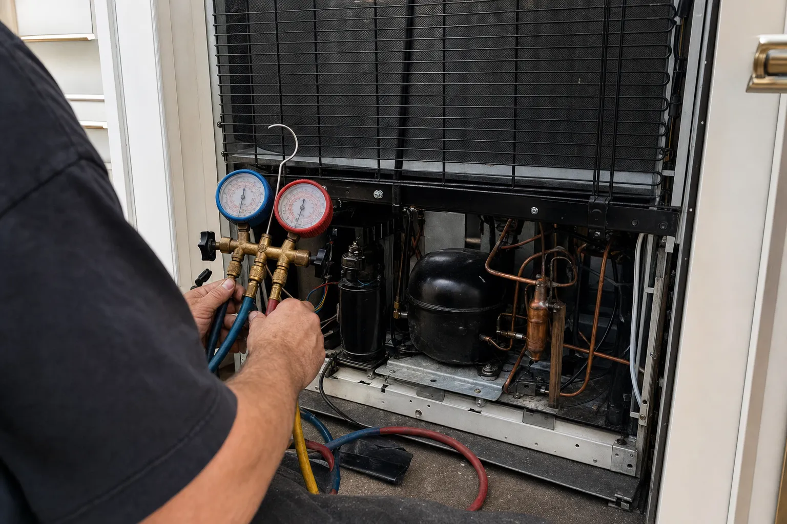 A manifold gauge set held in front of the exposed condenser and compressor of a built-in unit