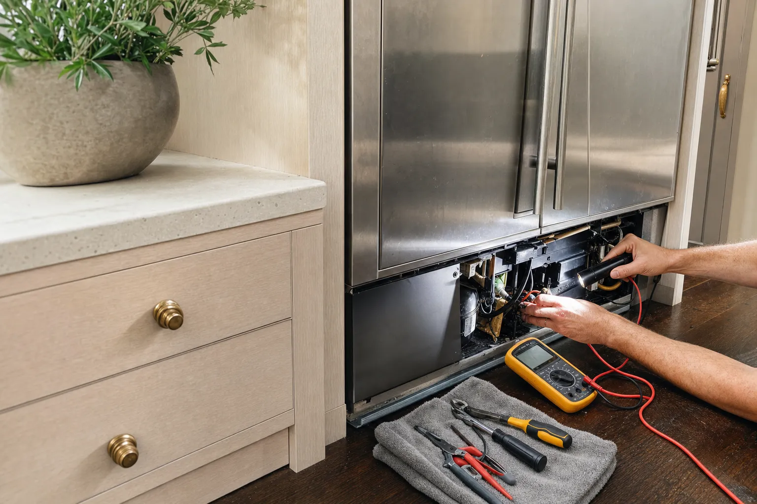 Meter leads and a flashlight in the lower compartment of a stainless two-door built-in, tools on a towel