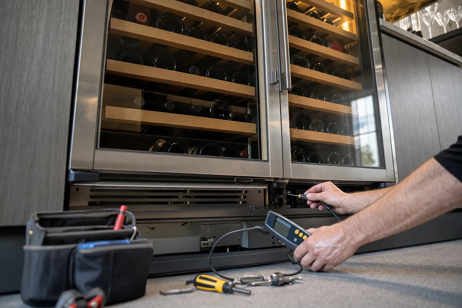 A handheld meter lead worked into the base of a two-door glass wine unit full of bottles